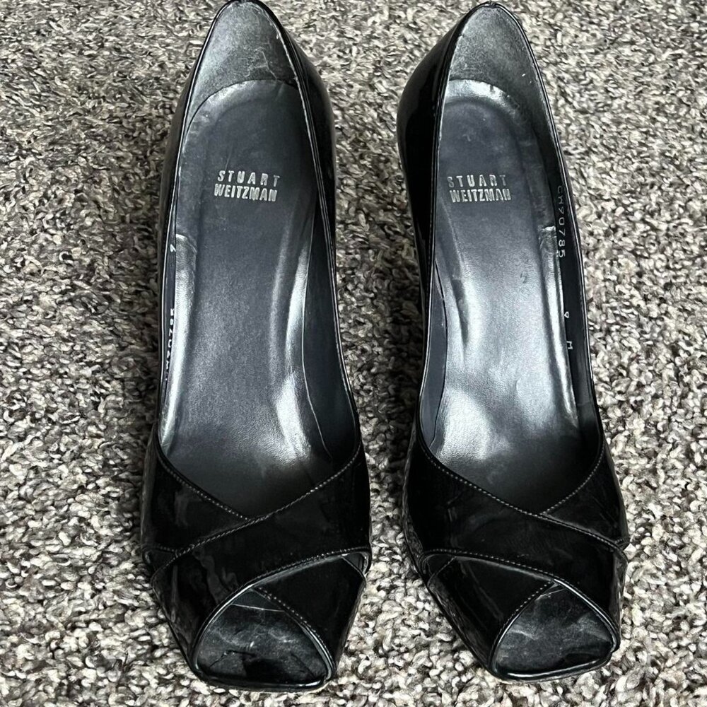 Stuart Weitzman Black Patent Leather Peep Toe Size 9 Stilettos Luxury Coquette